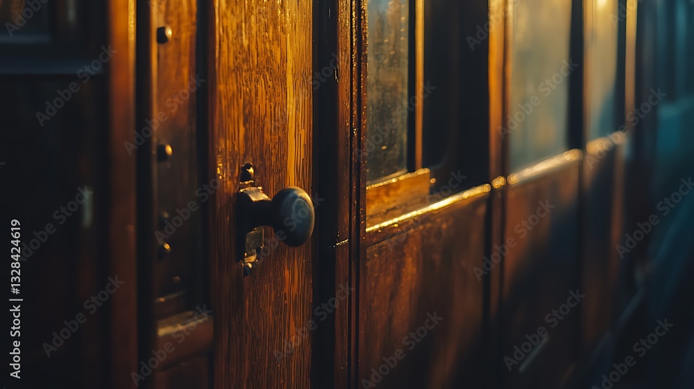 Obraz premium Vintage Wooden Door with Round Doorknob and Glass Panels Detail
