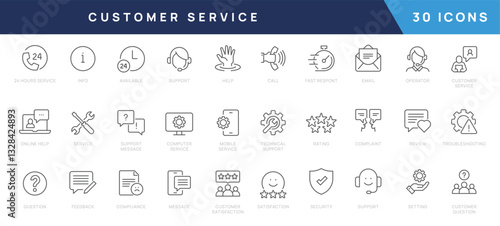 Set of  Customer Service Related Vector Line Icons. Contains such Icons as Helpline, Service, Technical Support and more. Editable Stroke. 