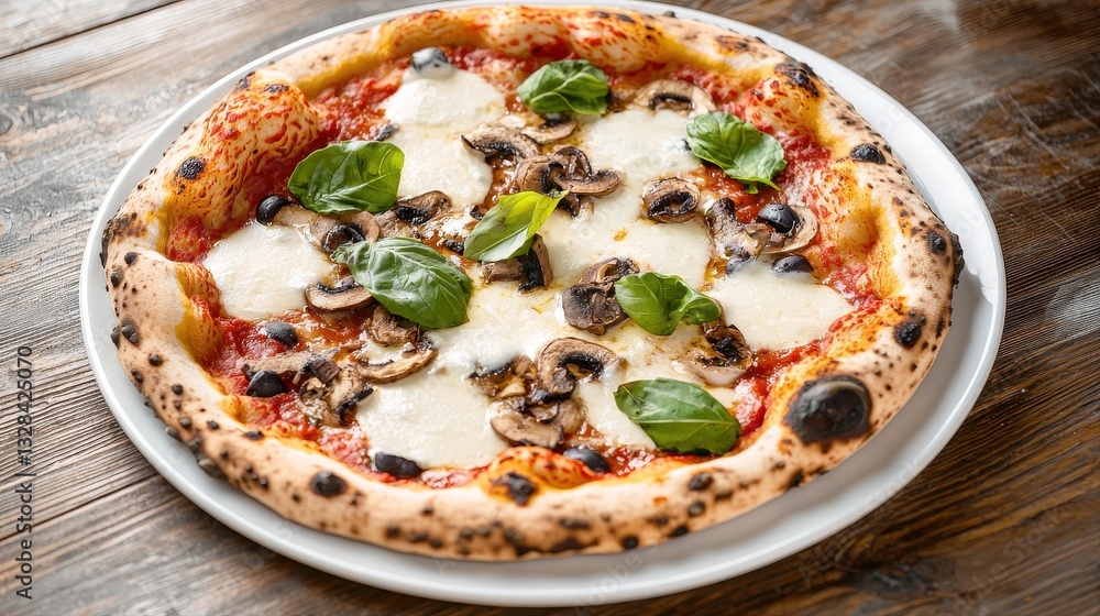 Gourmet pizza with fresh toppings on a rustic table surrounded by vibrant colors and artistic presentation Gourmet pizza with fresh toppings on a rustic table surrounded by vibrant colors and artistic presentation