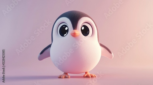 A Cutely Rendered Cartoon Penguin Standing Against a Pink Background