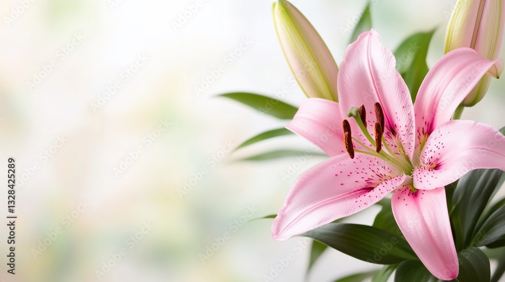 Fototapeta premium Pink lily bloom with buds & green leaves, blurred background