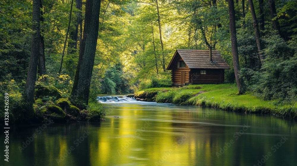Fototapeta premium Idyllic wooden cabin nestled in lush green forest along a serene riverbank