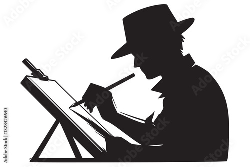Silhouette of Artist Drawing Sketching at Easel Creative Illustration Art
