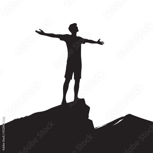 Man on Peak Silhouette Black and White Celebrating Freedom Illustration
