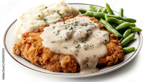 Indulge in a Plate of Chicken Fried Steak with Gravy, Accompanied by Creamy Mashed Potatoes and Fresh Green Beans - A Comfort Food Delight for Every Occasion