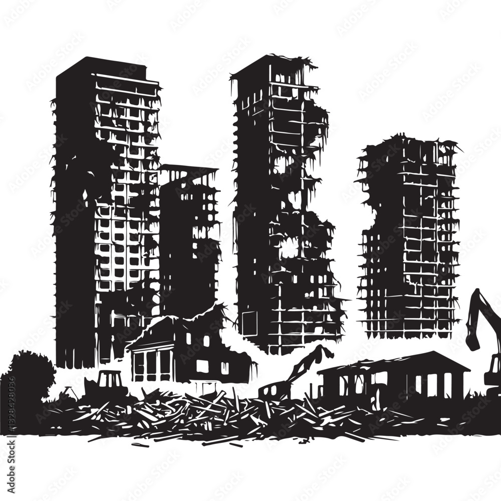 Fototapeta premium Demolished buildings destruction ruins silhouette vector illustration template
