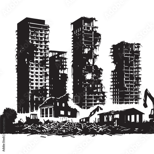 Demolished buildings destruction ruins silhouette vector illustration template