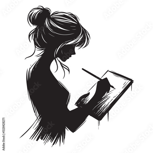 Silhouette illustration of a woman drawing on a tablet vector