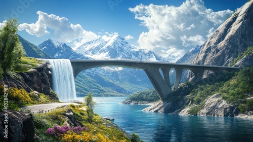 Mountain bridge waterfall lake scenic travel