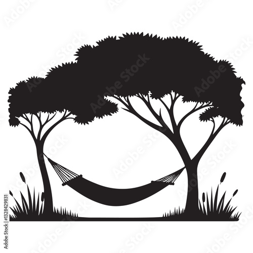 Relaxing Silhouette Hammock Hanging Between Trees in Nature Vector