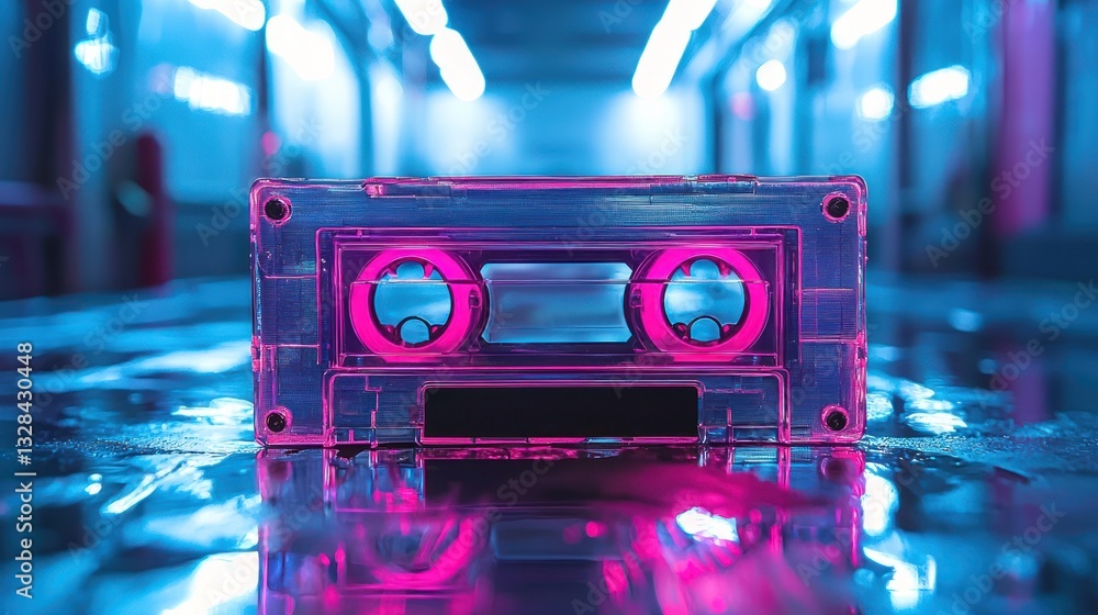Fototapeta premium Neon-lit Cassette Tape on Reflective Floor, Urban Setting