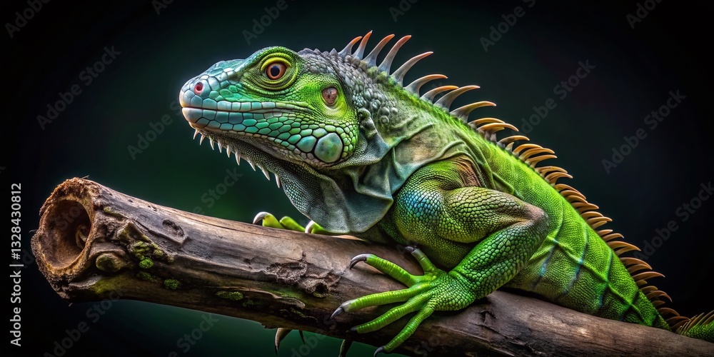 Obraz premium Surreal Close-up of Green Iguana on Branch - Striking Black Background
