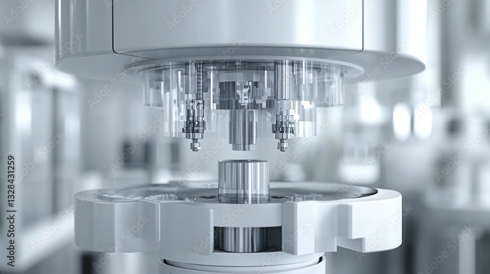 Close-up of complex machinery, intricate gears and precision components in a high-tech industrial setting. Close-up of complex machinery, intricate gears and precision components in a high-tech industrial setting.