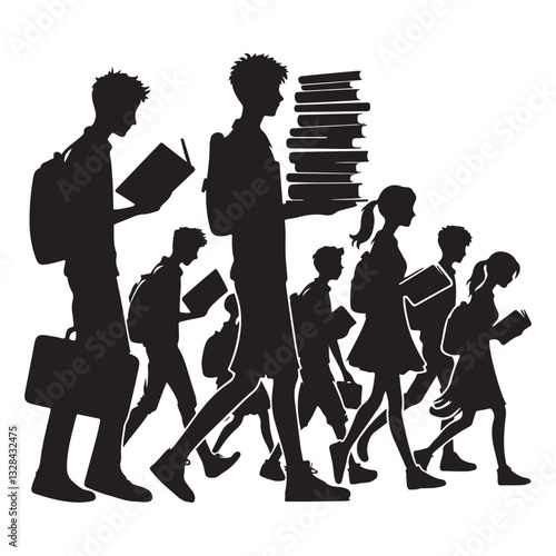 Silhouette Students Reading and Walking Academic Life Illustration