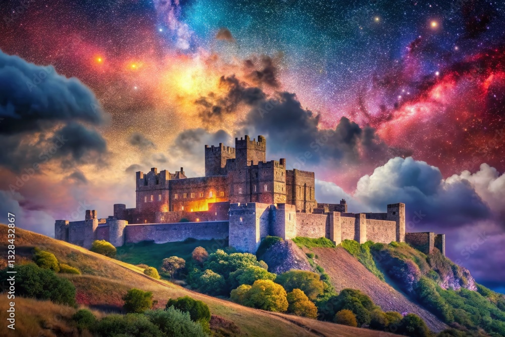 Fototapeta premium Surreal Dover Castle: Floating Ruins & Starry Skies, Kent, England