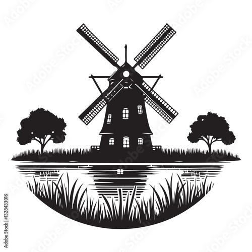 Silhouette Vector Windmill Landscape Illustration Natural Environment Artistic Graphic