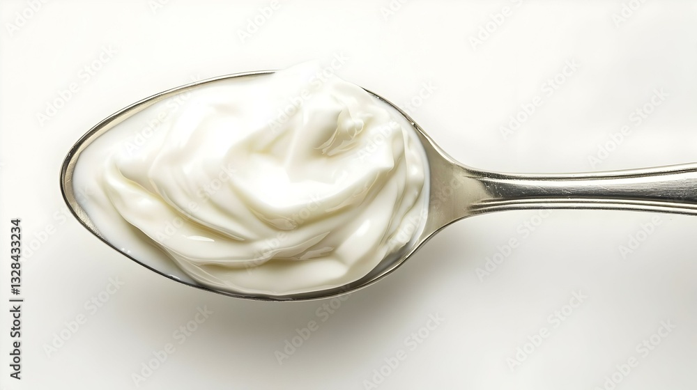 Spoon of fresh greek yogurt on white background