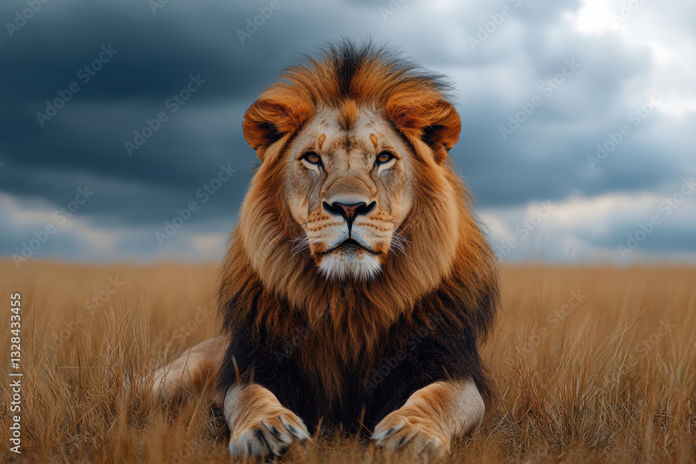 Majestic lion with regal mane resting in tall grass under cloudy sky, exuding strength and confidence. true symbol of wild Majestic lion with regal mane resting in tall grass under cloudy sky, exuding strength and confidence. true symbol of wild