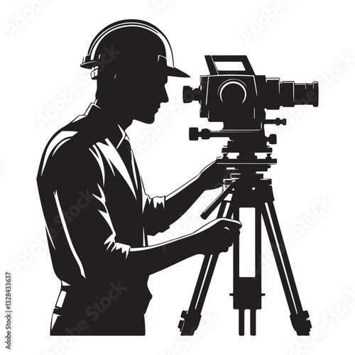 Professional Surveyor Silhouette Using Theodolite for Land Surveying