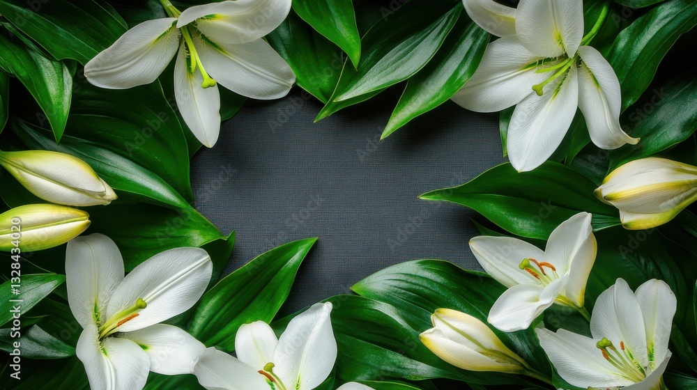 Obraz premium Elegant White Lilies with Green Leaves Forming a Border on Dark Background