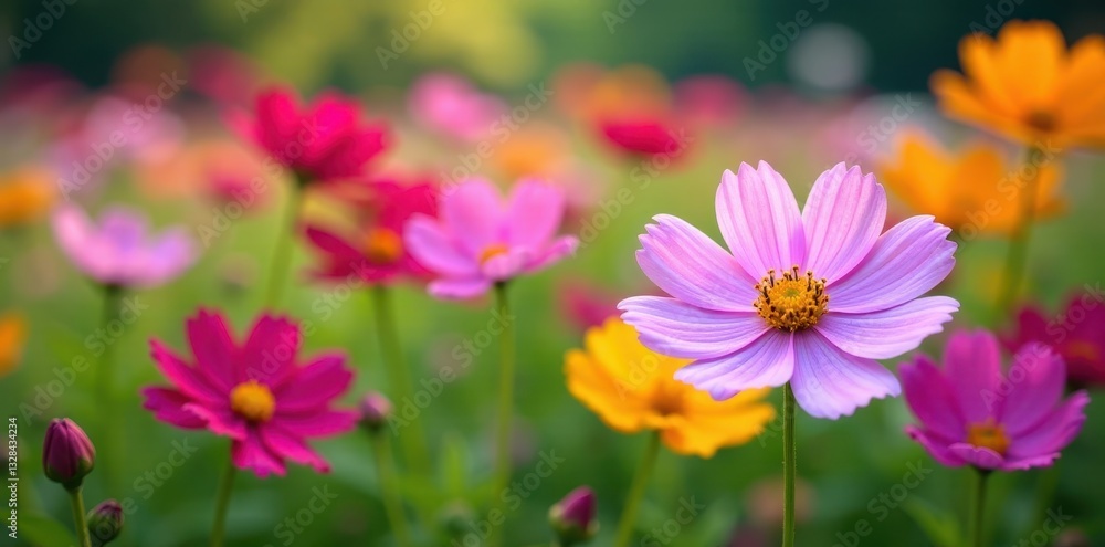 Cosmos flowers swaying gently in a summer garden, showcasing diverse colors , garden, macro, summer Cosmos flowers swaying gently in a summer garden, showcasing diverse colors , garden, macro, summer