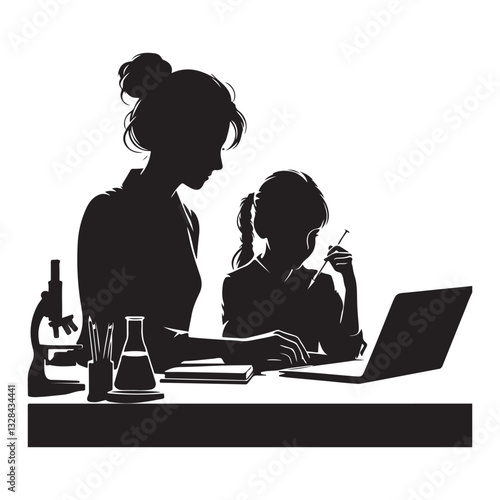 Silhouette Mother Helping Daughter with Science Education Illustration