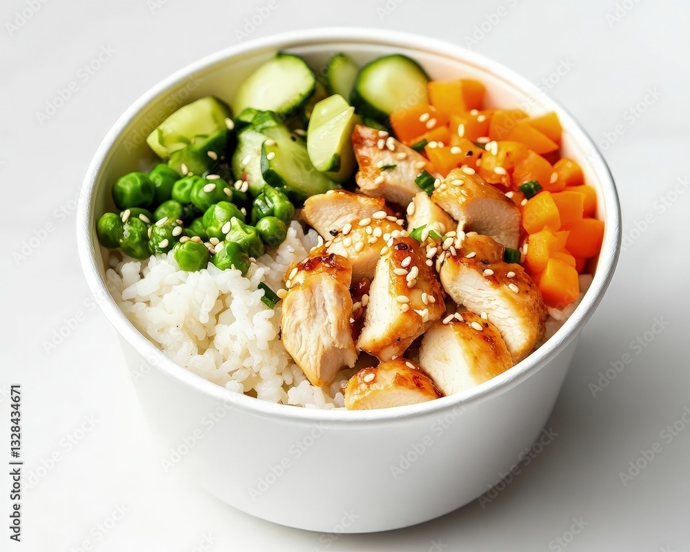 Vibrant stir-fried chicken rice bowl kitchen food photography bright top-down healthy meal concept Vibrant stir-fried chicken rice bowl kitchen food photography bright top-down healthy meal concept