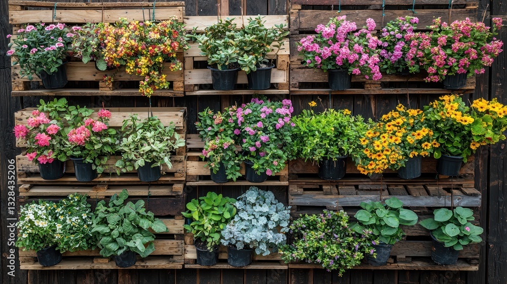 Fototapeta premium Colorful plants in wooden pallet wall decor. Possible stock photo use home decor