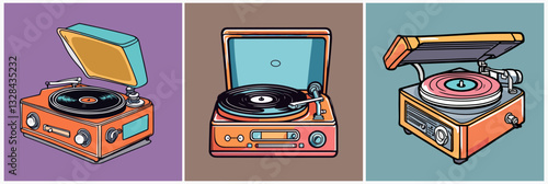 Set of Vintage record players with retro vinyl disc. Hand-drawn cartoon Turntable flat Illustrations in cartoon vector style. Audio devices - turntable, vinyl record Isolated on colorful backgrounds.