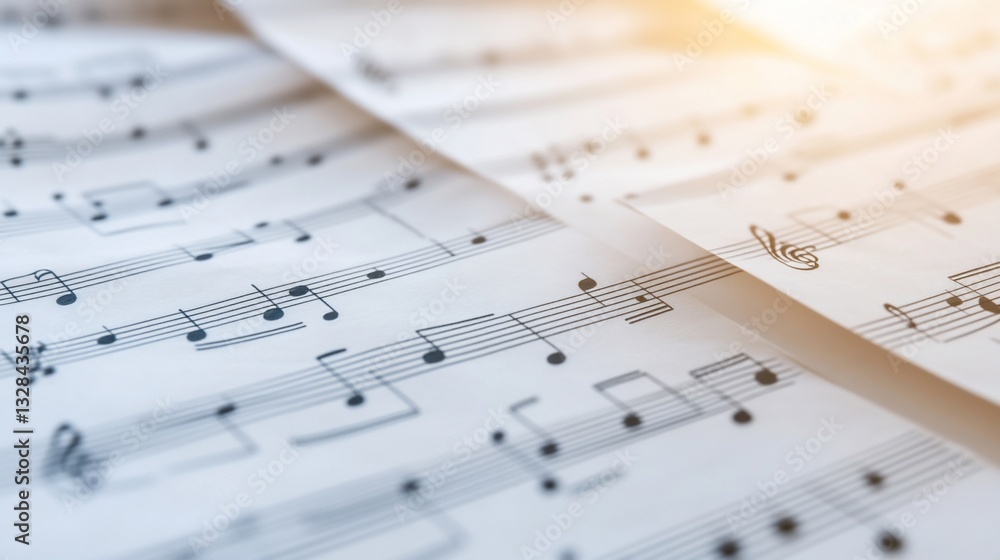 Sheet music close up with notes and staves, natural light Sheet music close up with notes and staves, natural light