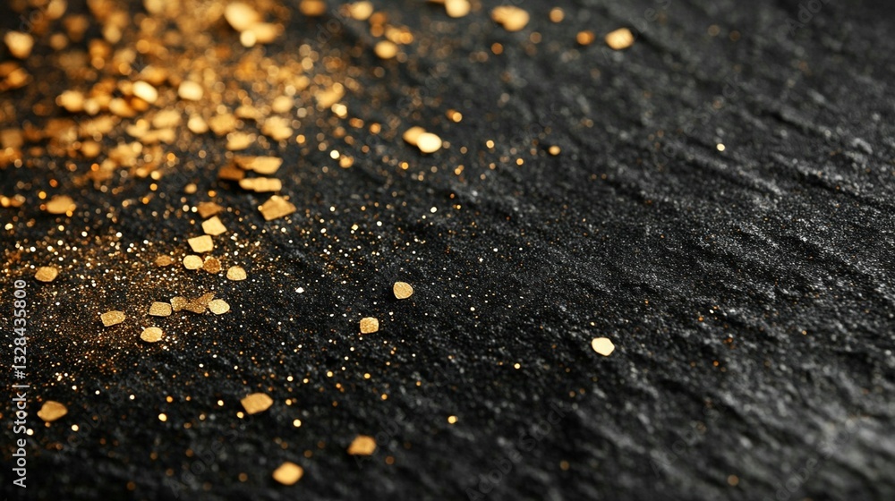 Close-up of gold glitter scattered on a black textured surface. Close-up of gold glitter scattered on a black textured surface.