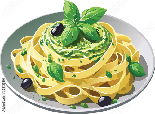 Genovese Fettucine Pesto Sauce Olives pasta design illustration