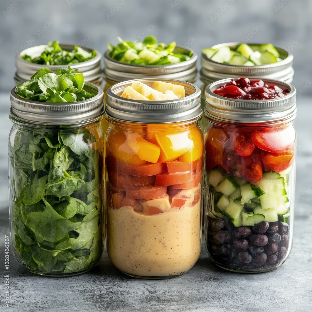 Layered prepped salad jars with greens and proteins kitchen food photography culinary environment close-up healthy eating Layered prepped salad jars with greens and proteins kitchen food photography culinary environment close-up healthy eating