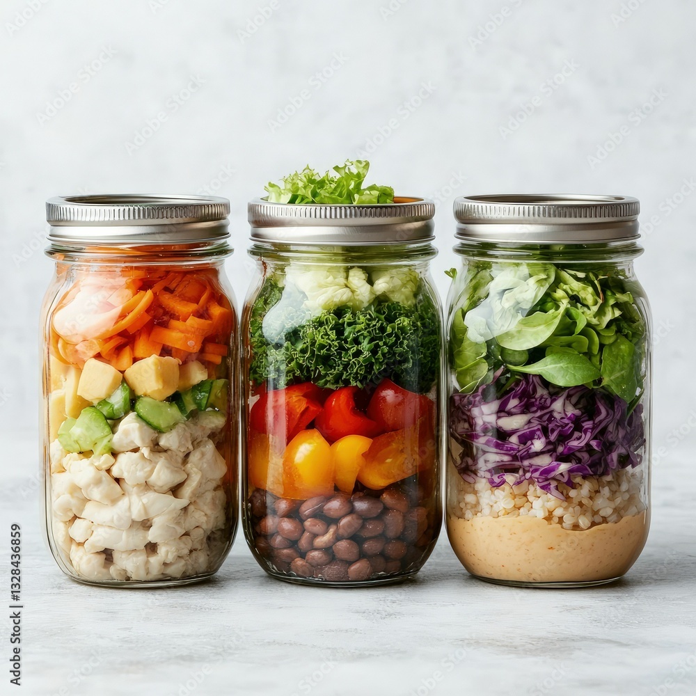 Prepped salad jars with layers of greens and proteins kitchen food photography bright top-down view healthy eating concept Prepped salad jars with layers of greens and proteins kitchen food photography bright top-down view healthy eating concept