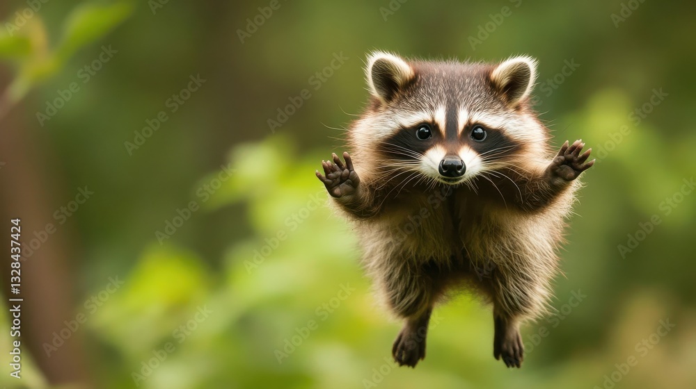 Fototapeta premium Flying Raccoon Leaping in Nature