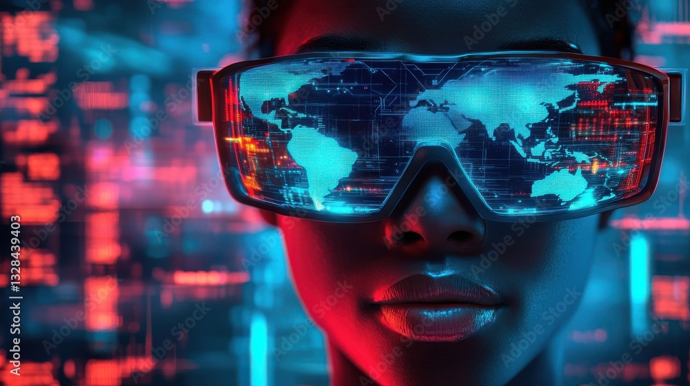 Futuristic Virtual Reality Goggles Displaying Digital World Map Futuristic Virtual Reality Goggles Displaying Digital World Map