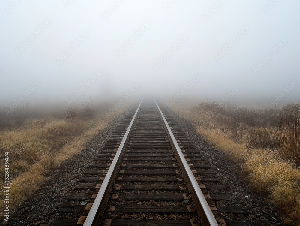 Fototapeta premium Foggy Railroad Tracks Vanishing Point.
