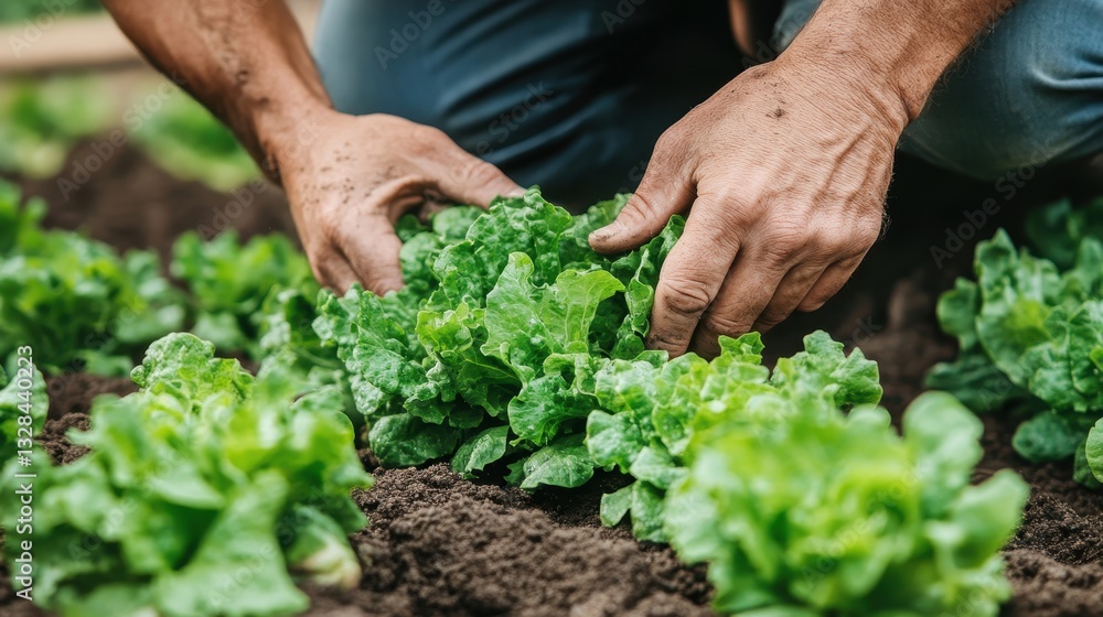 Fototapeta premium Farmer's hands tending to lush green lettuce. Shows organic farming, healthy food production.