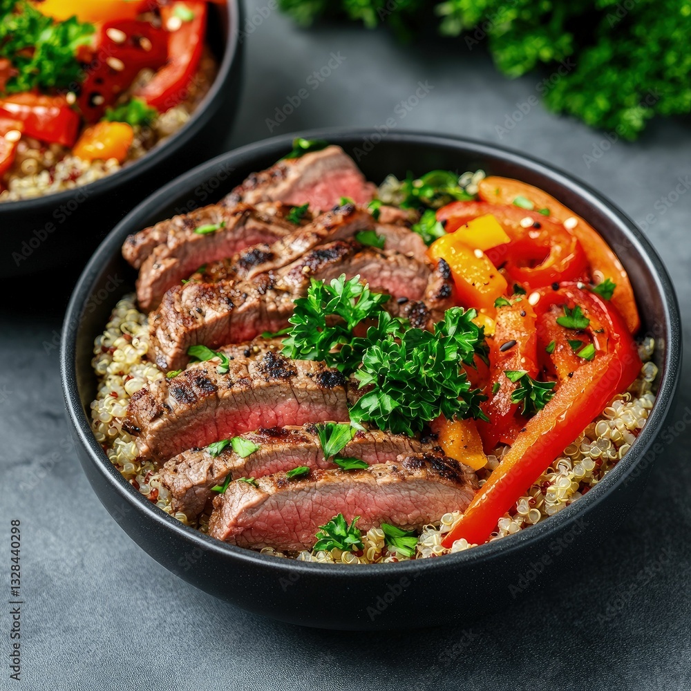 Healthy meal prep stylish bowls with lean steak and quinoa home kitchen food photography modern dining clean eating concept Healthy meal prep stylish bowls with lean steak and quinoa home kitchen food photography modern dining clean eating concept
