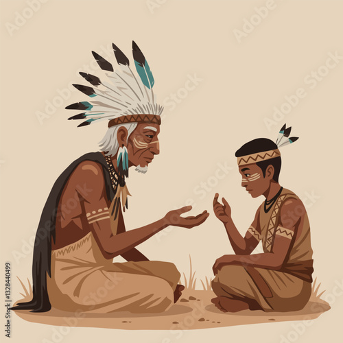Native American Elder Teaching Boy Sitting Down Outdoor Scene
