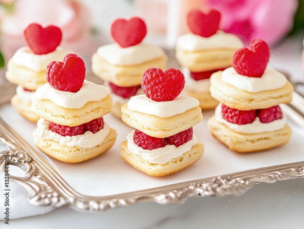 Mini valentine sandwiches cute tiny biscuits with raspberries dessert table sweet treats romantic setting top view love concept Mini valentine sandwiches cute tiny biscuits with raspberries dessert table sweet treats romantic setting top view love concept