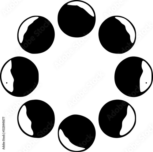 Detailed black and white illustration of moon phases showing lunar cycle in monochrome style