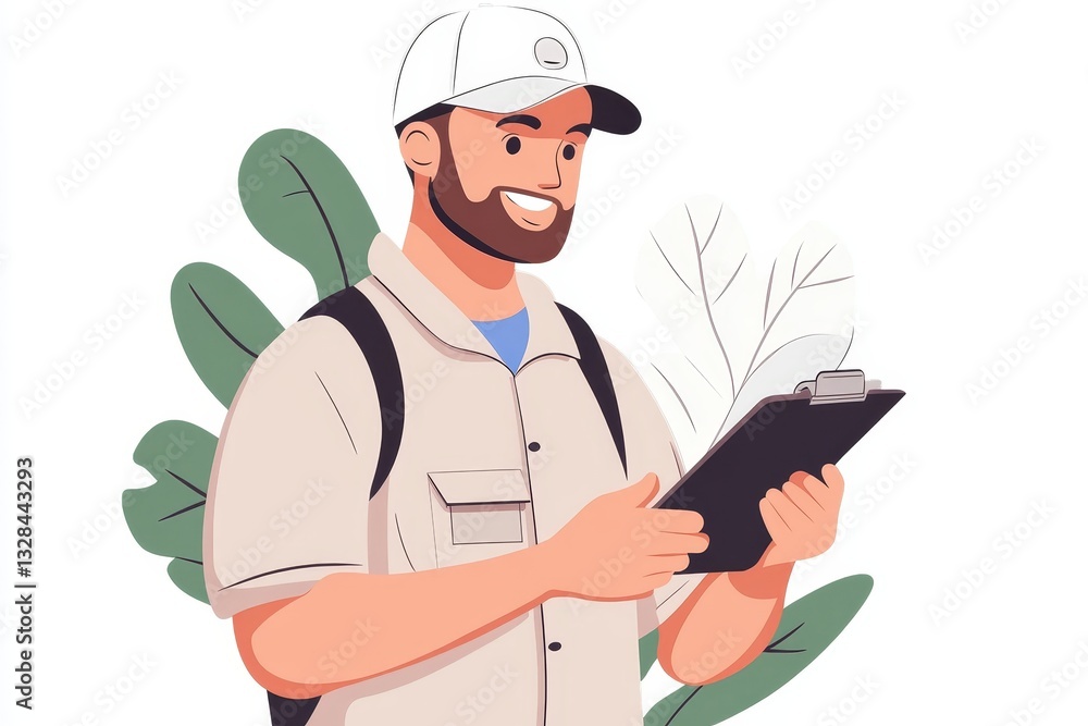Smiling Man Backpacker Holds Clipboard Nature Illustration art happy happy style young vector design Smiling Man Backpacker Holds Clipboard Nature Illustration art happy happy style young vector design