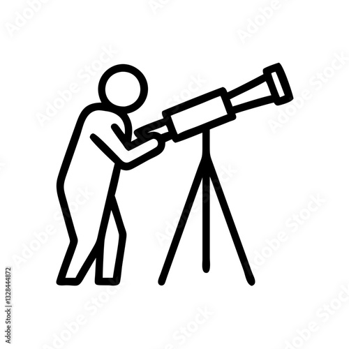 Astronomer observing space with telescope line art icon