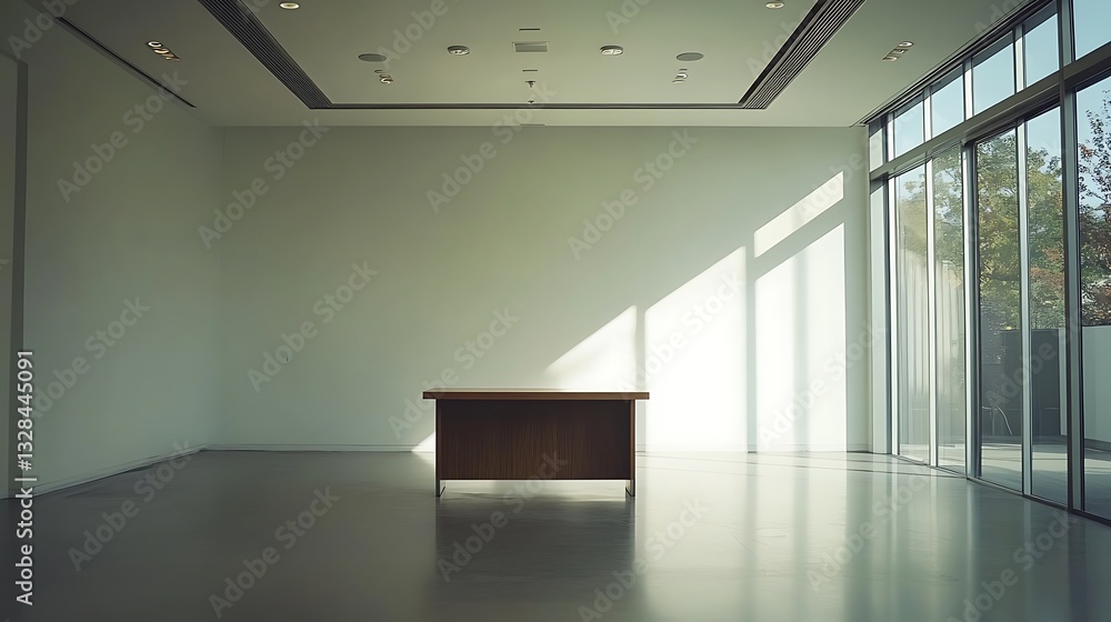 Desk in Empty Room with Sunlight Streaming Through Large Windows Desk in Empty Room with Sunlight Streaming Through Large Windows