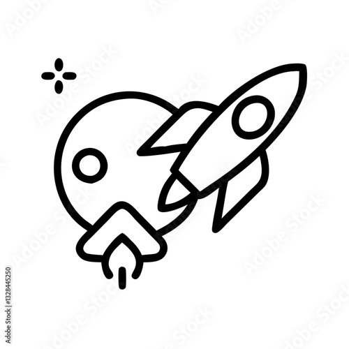 Space tourism rocket launch with planet line art icon