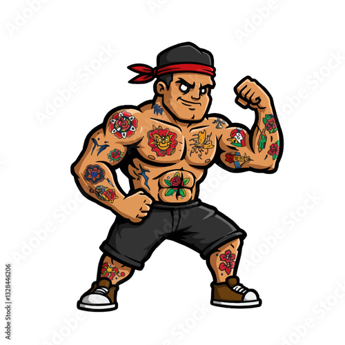 Tattooed Strongman Cartoon Character