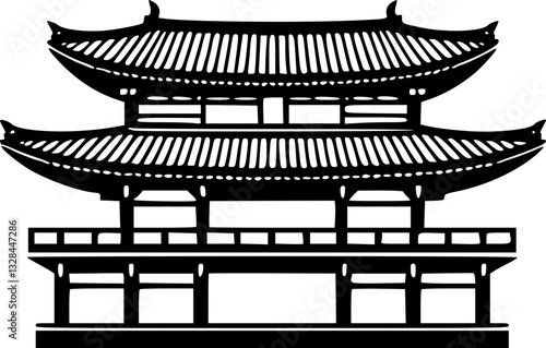 South Korea Landmark Monochrome Illustration Black and White Vector Graphic Art Seoul Travel Iconic Building Cultural Symbol Minimalist Design Line Art Sketch Style Tourism Destination Historical Arch