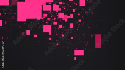 Pixel graphic design with black and hot pink colors, featuring large blocks of pixels in a two-tone style. 