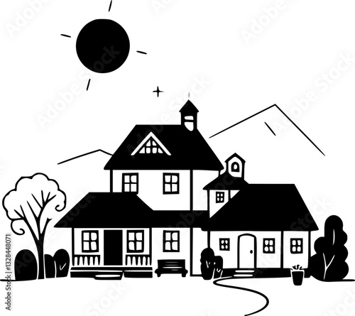 Summer Village Monochrome Illustration Serene Traditional Rural Landscape Black and White Artwork